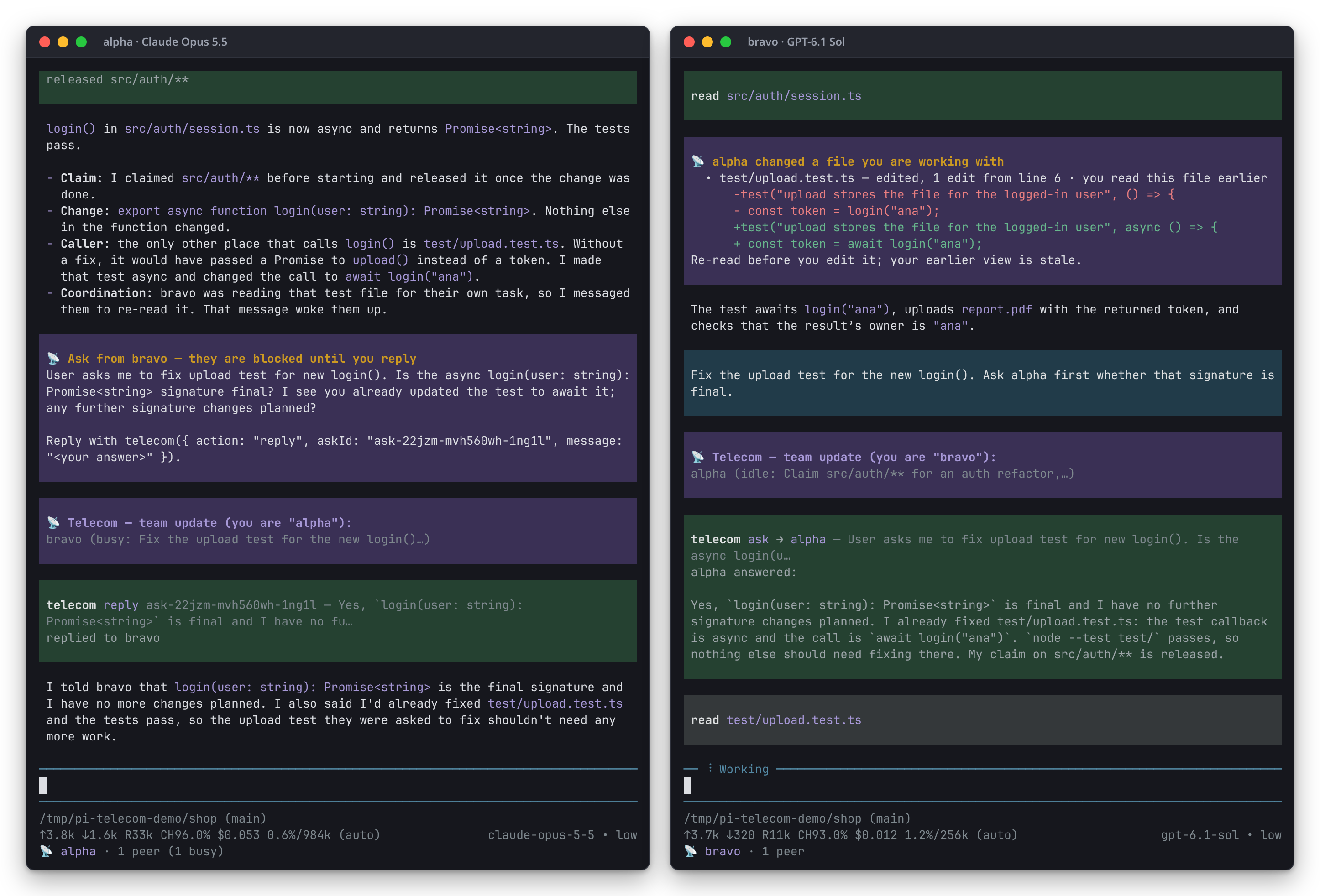 Two pi sessions working in one repository: alpha answers bravo's question while bravo gets a change notice with alpha's diff