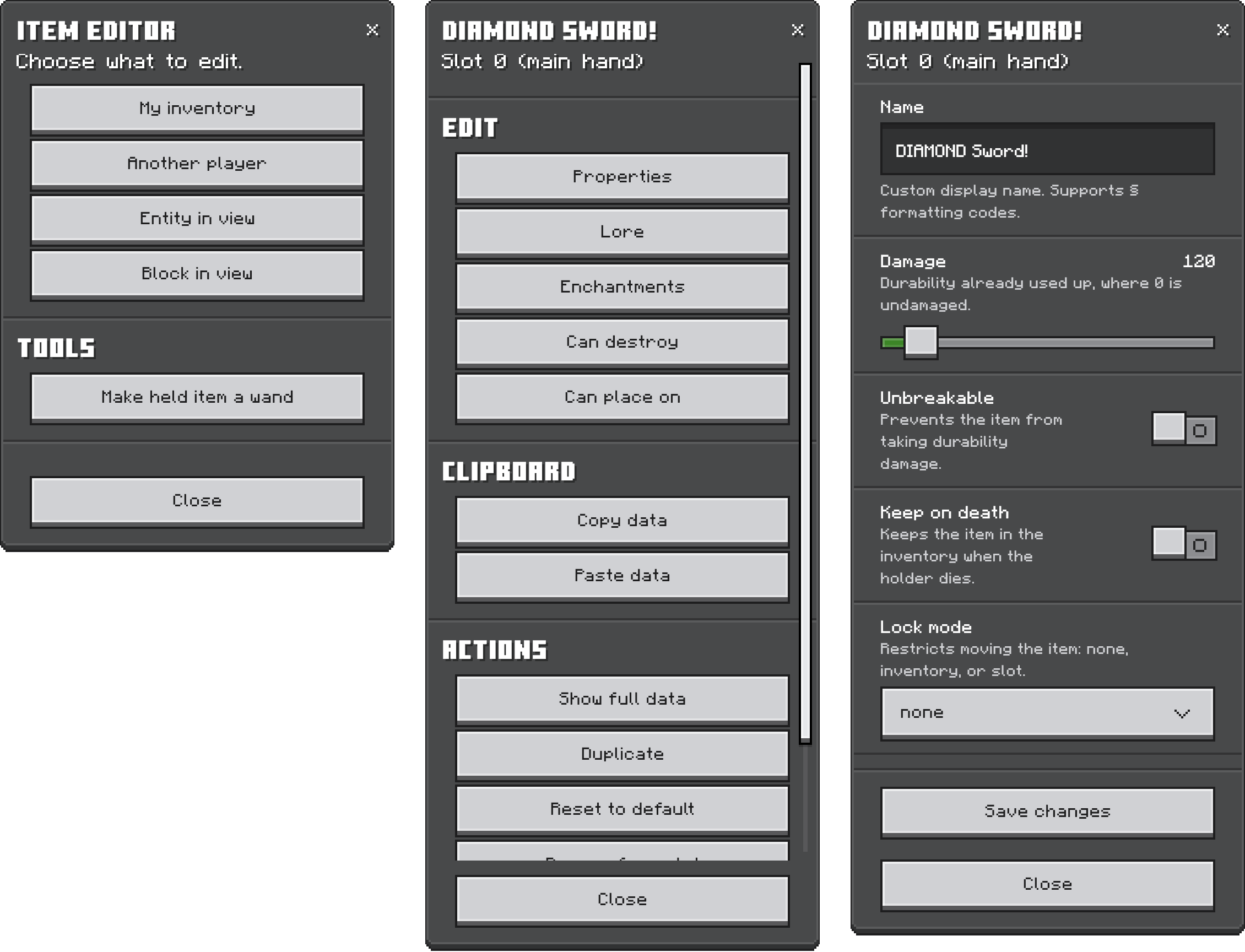 The start menu, item menu and properties form