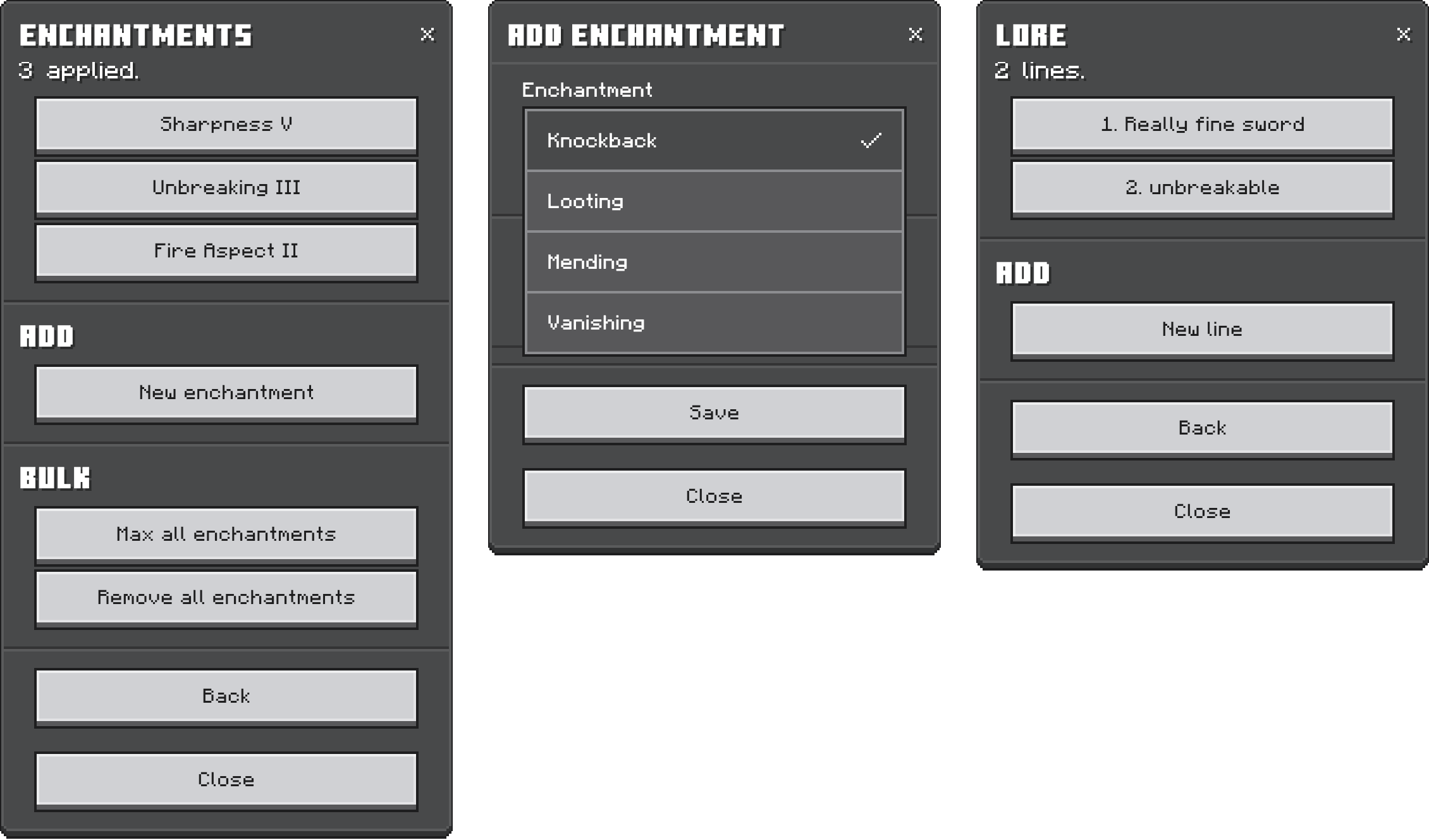 The enchantment list, adding an enchantment, and the lore editor