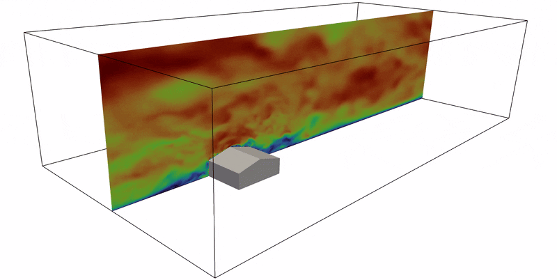 WE-UQ 3D CFD - Velocity of Wind Flowing Over a Gable-Roofed Residence