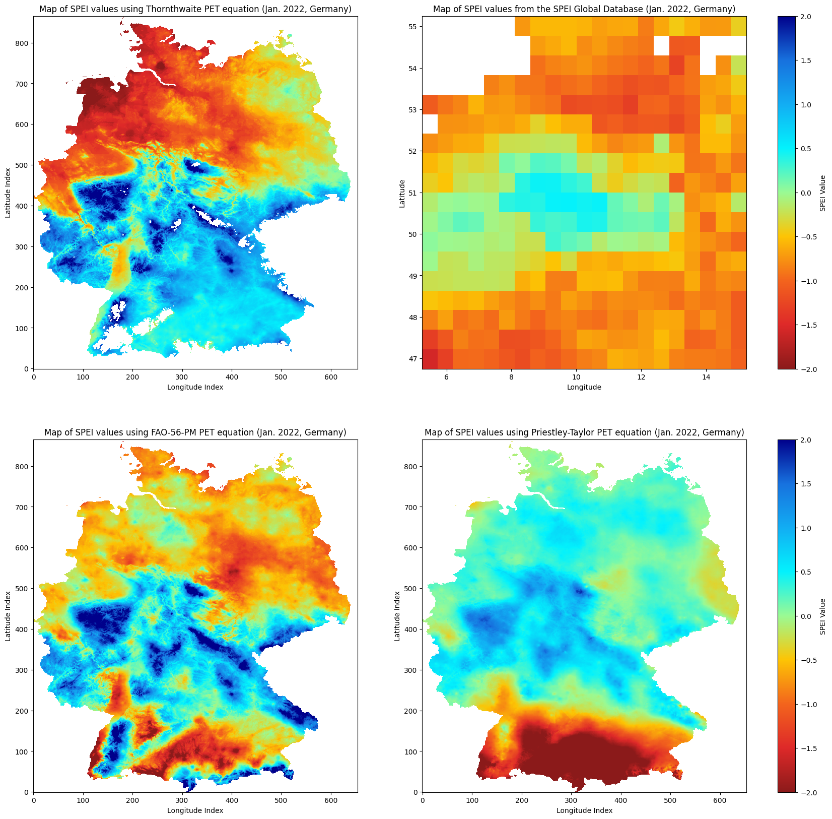 Visual comparison between the Thornthwaite, FAO-56-Penman-Monteith, Priestley-Taylor and Global SPEI Database plot results which have been calculated using meteorological weather stations's data from the DWD.