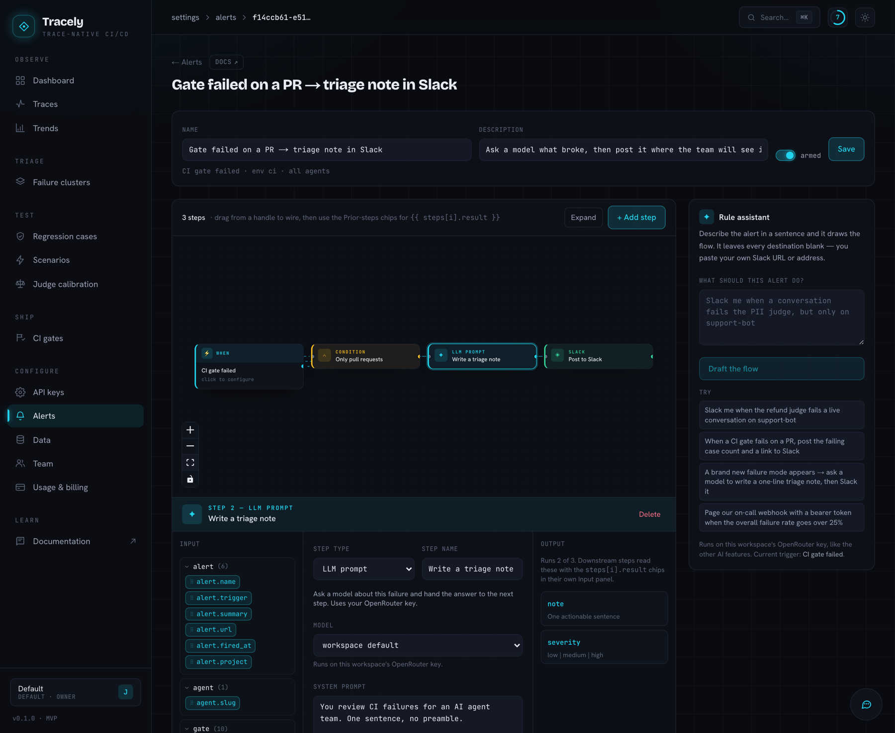 The alert flow builder — When → condition → LLM prompt → Slack, with the inspector's input chips, step config and declared outputs, and the rule assistant panel