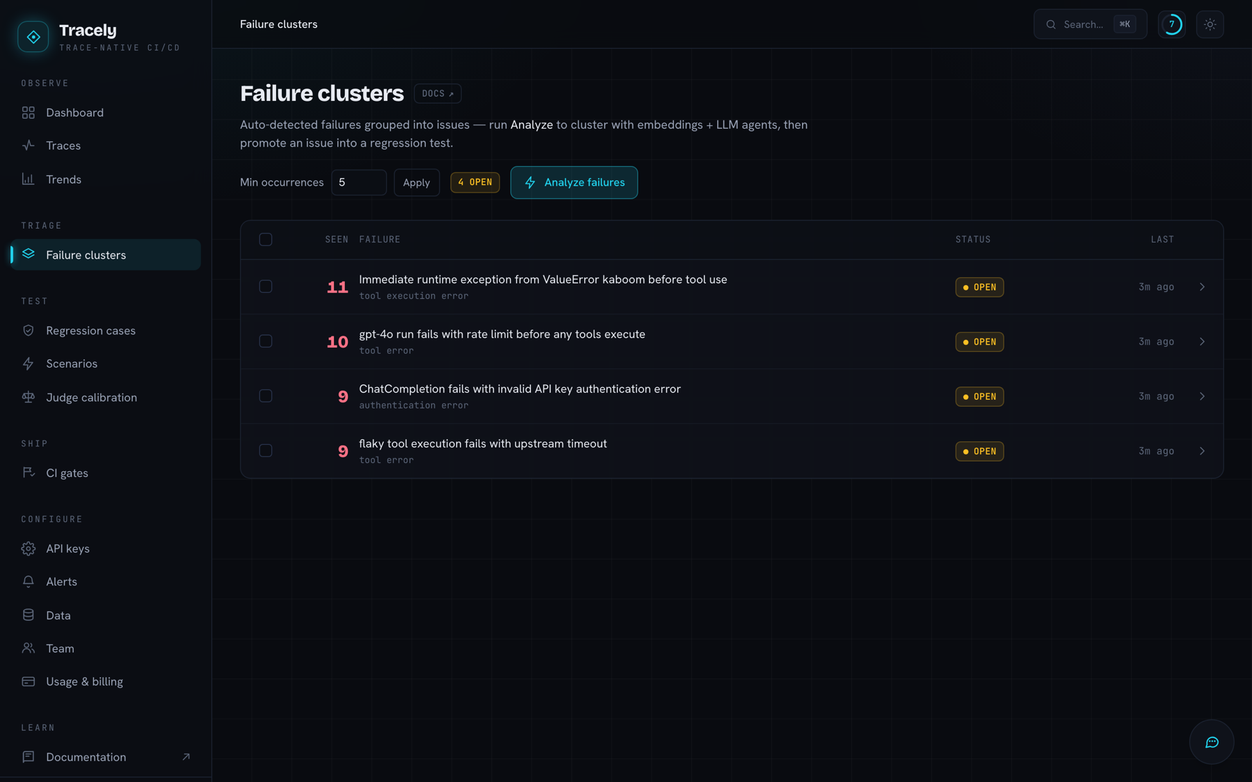 Failure clusters — auto-detected failures grouped into issues with occurrence counts and taxonomy