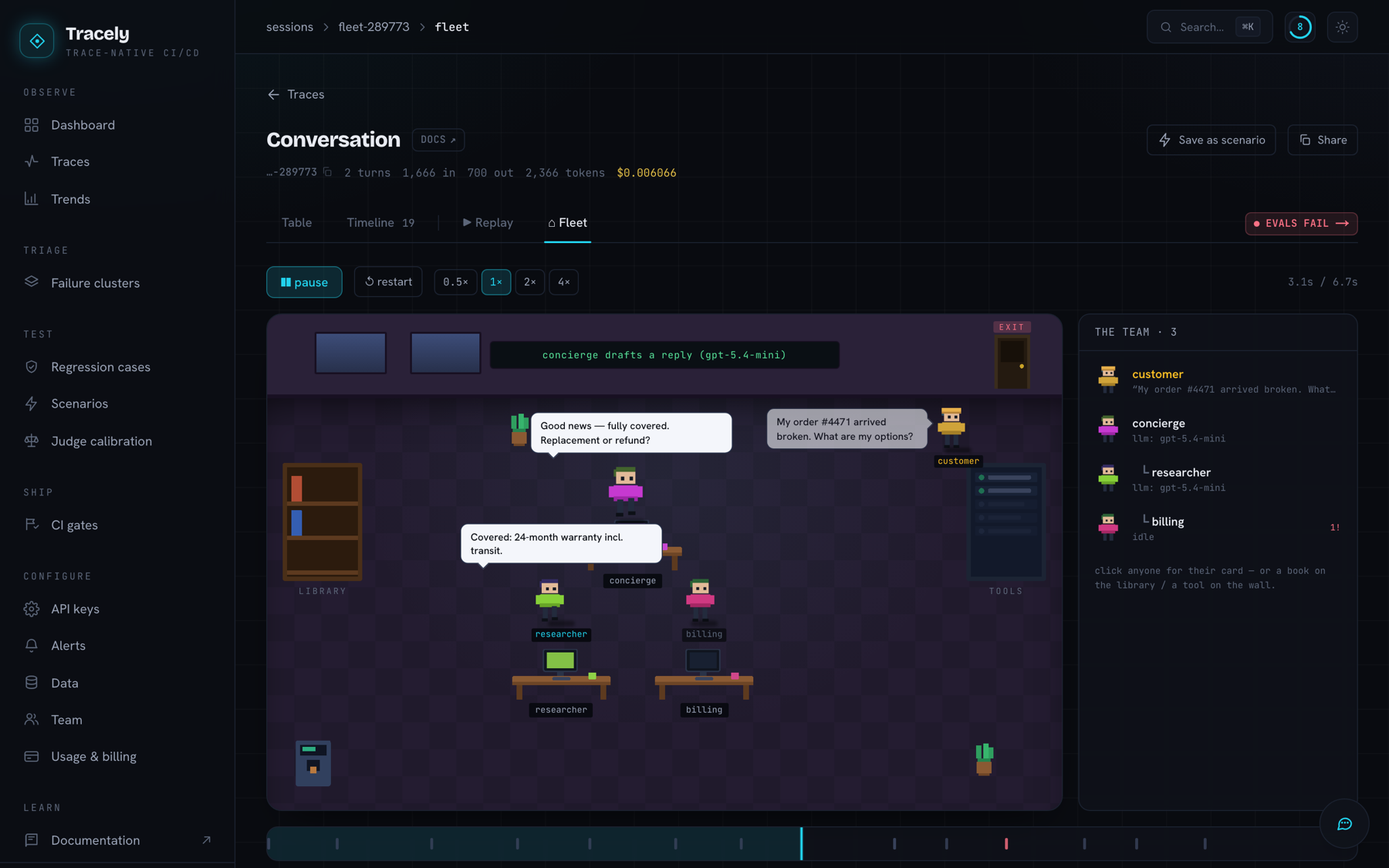 Fleet view — a conversation rendered as a pixel-art office with one character per agent