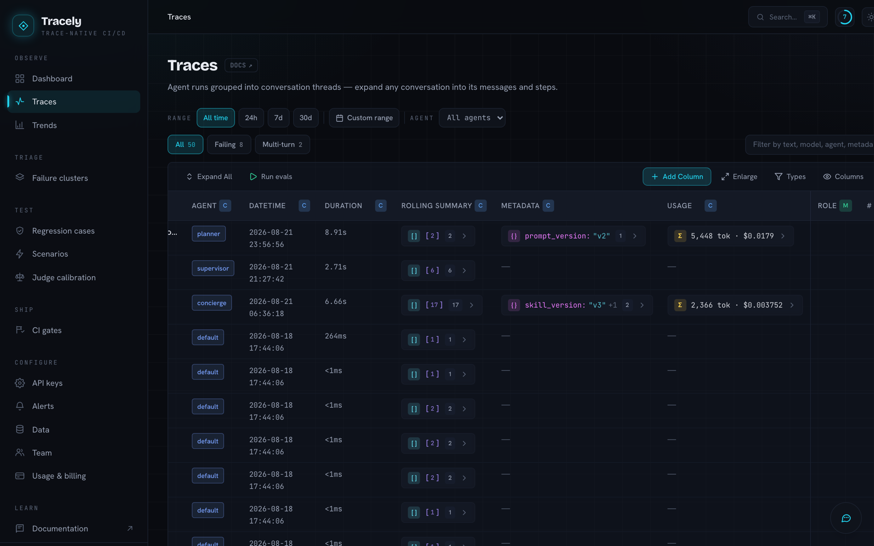 Trace explorer — conversation threads with agent, duration, rolling summary, metadata and usage columns