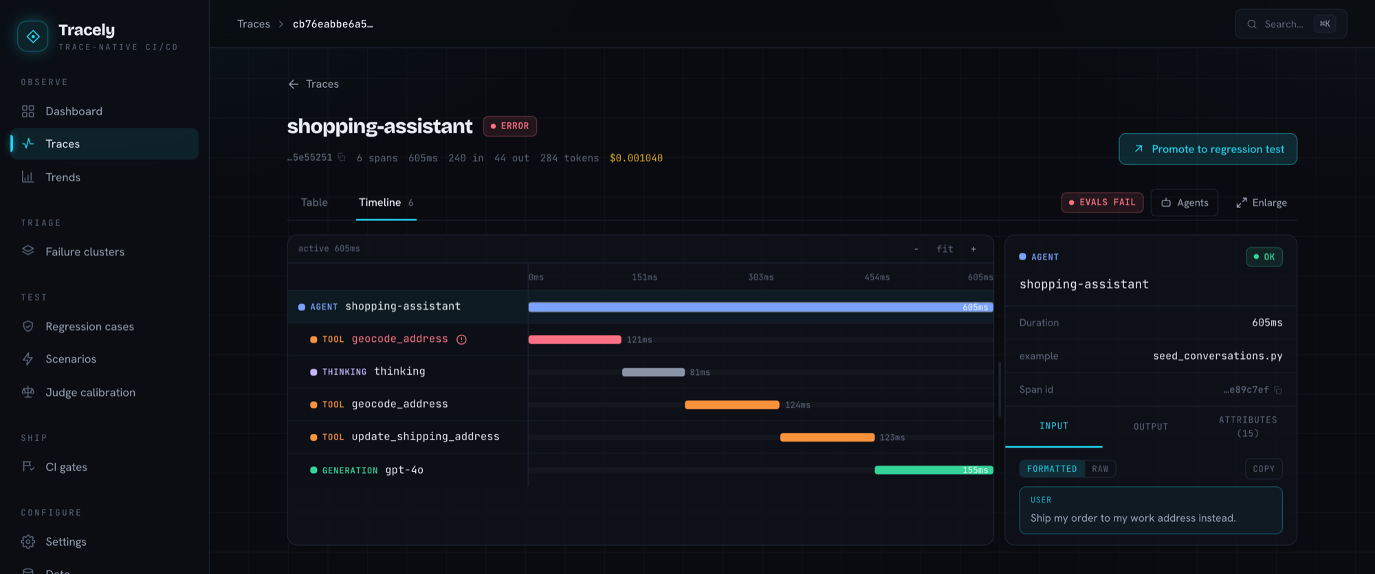 Trace timeline — agent, tool, thinking and generation spans with the failing tool call highlighted