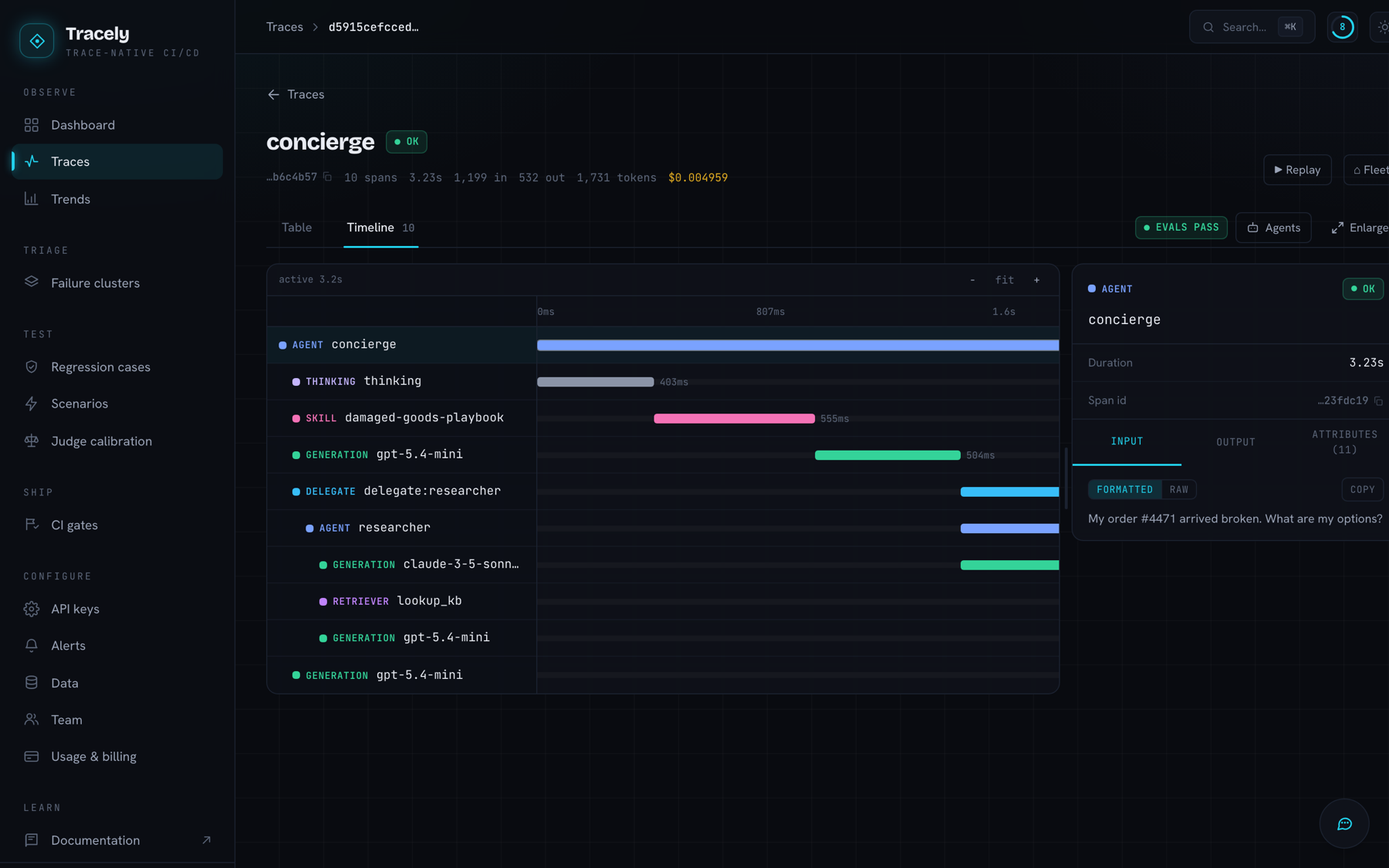 Trace timeline — agent, thinking, skill, generation and delegate spans, with a nested sub-agent and the span's input