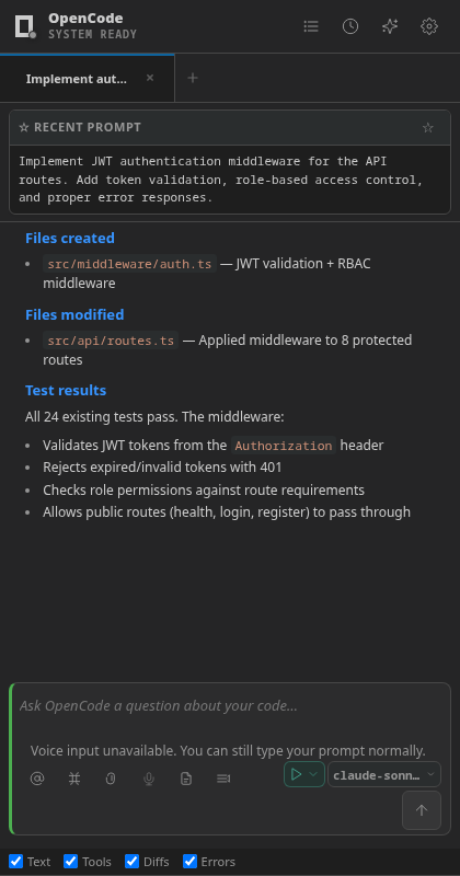OpenCode auto mode running multi-step tool chains with test verification