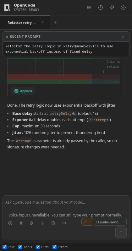 OpenCode assistant refactoring code with tool calls and a diff preview