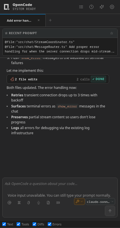 OpenCode chat with file references, @-mentions, and context usage tracking