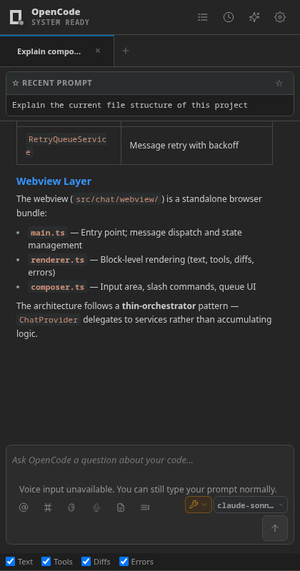OpenCode chat panel in VS Code showing an AI coding conversation with model and session controls