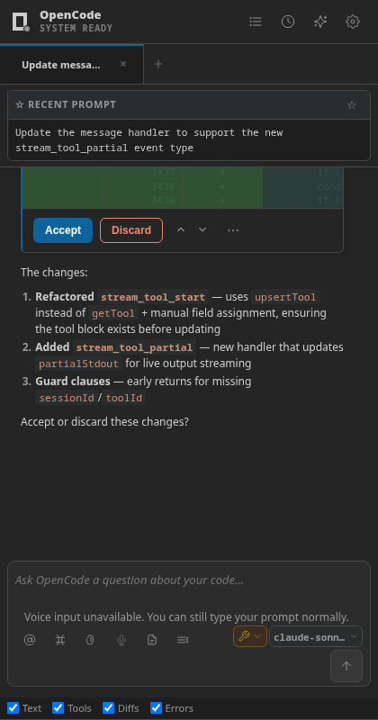 Code change review with side-by-side diff and accept/discard controls