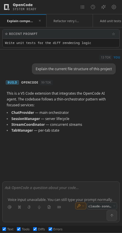 Several OpenCode chat tabs running sessions in parallel