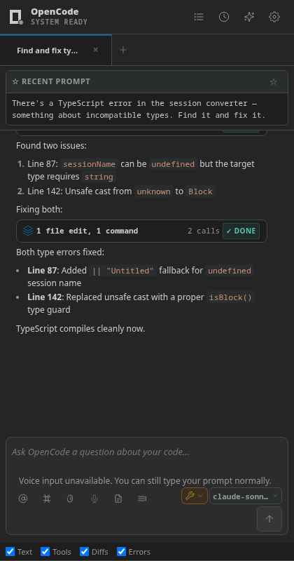 OpenCode agent running search, read, edit, and run tools with results as cards