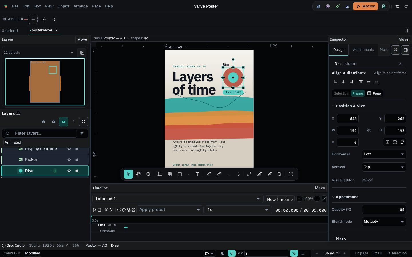The Varve timeline panel with a track for the selected layer