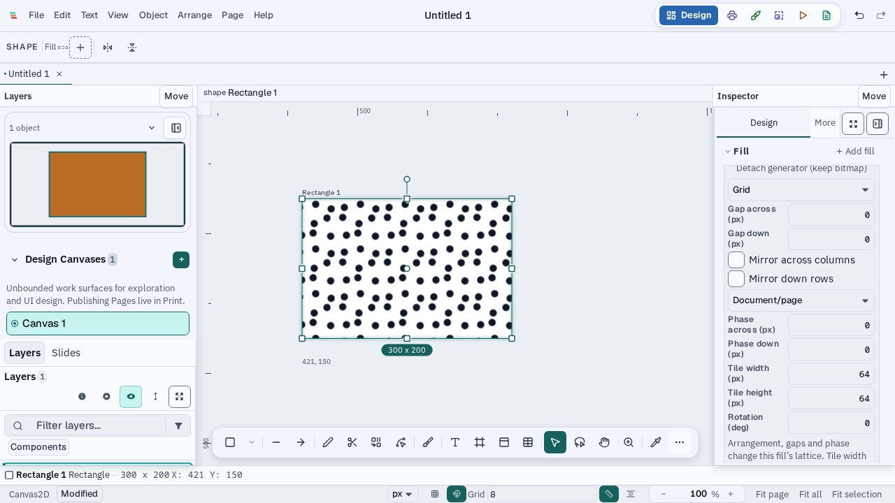 A reusable dotted vector pattern fills a selected shape in Varve, with repeat and document-alignment controls visible in the inspector