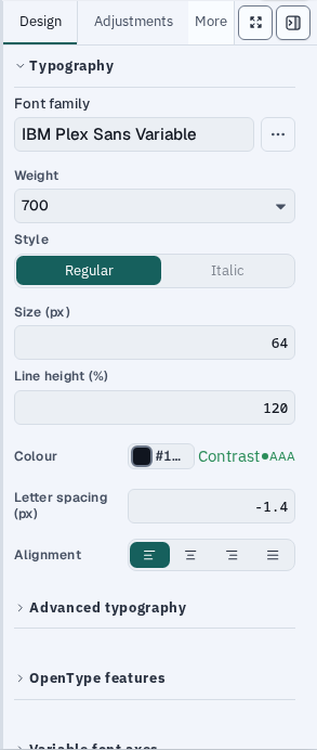 The Varve typography inspector showing font family, weight, style, size, line height and letter spacing for the selected text