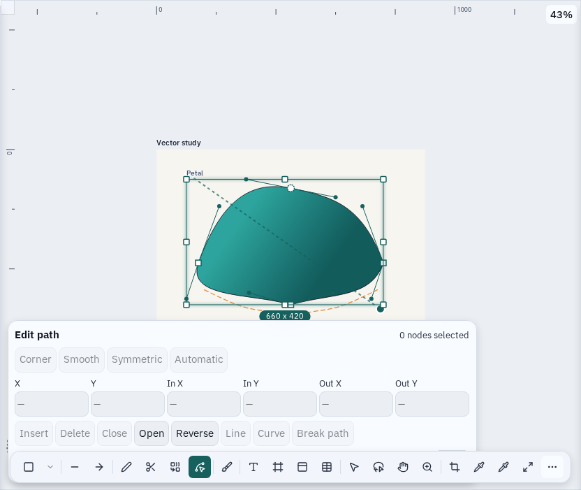 A curved vector shape in Varve with its anchor points and Bézier handles shown in node editing mode