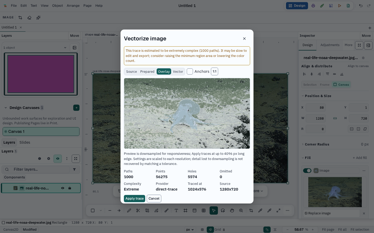 The Varve Vectorize dialog in colour mode, tracing an imported photo into editable vector paths with colour count and path-fitting controls