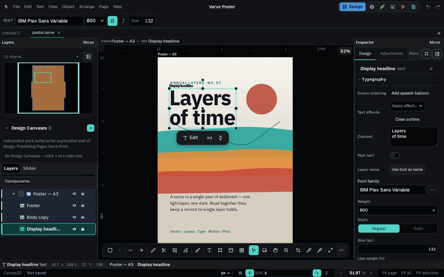 The same Varve poster document with the application in dark theme