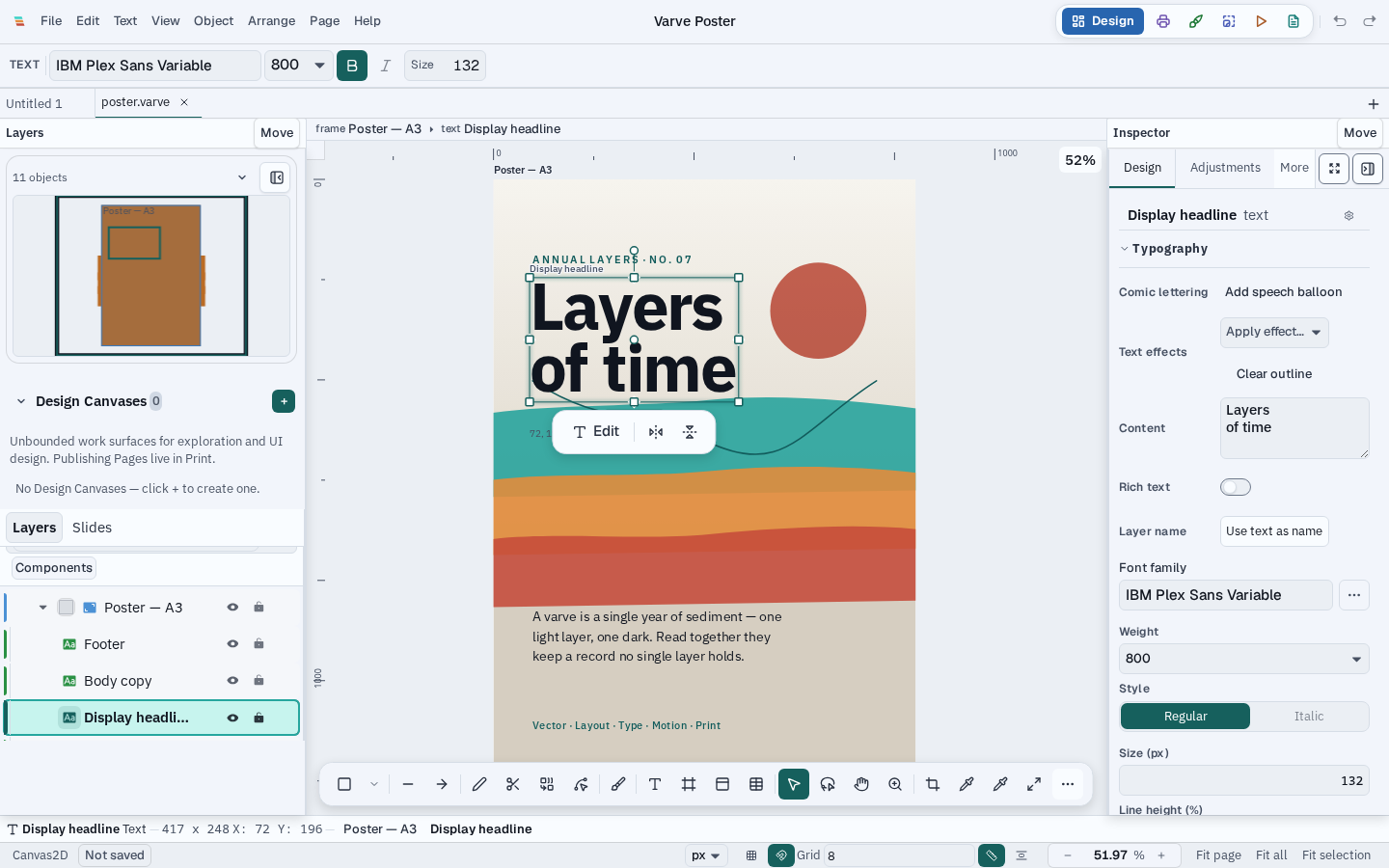 The Varve workspace: a poster document on the canvas with the layers panel on the left and the properties inspector on the right
