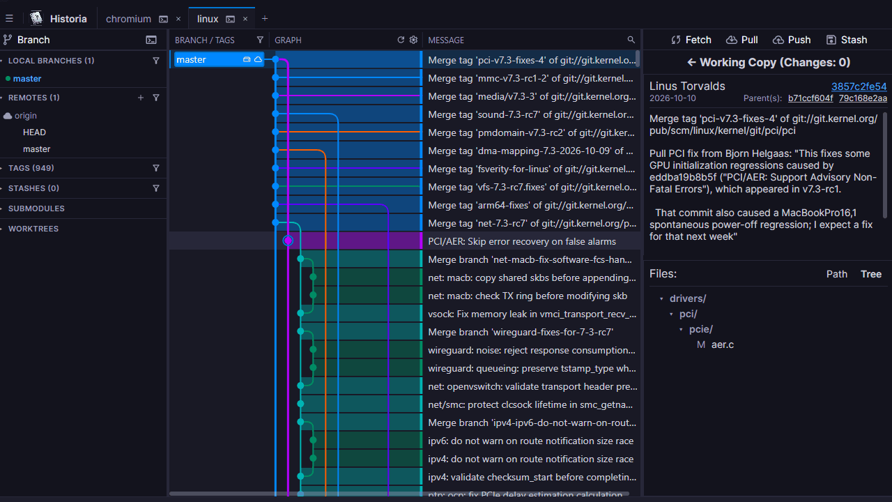 Historia scrolling the Linux kernel commit graph