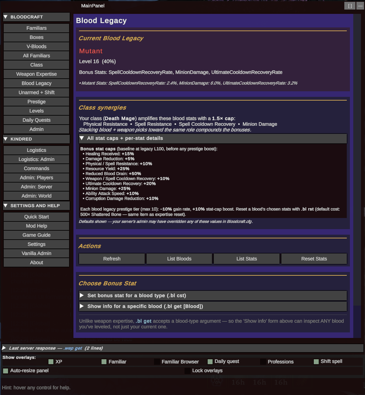 Blood Legacy tab — class synergies (v0.13.0)