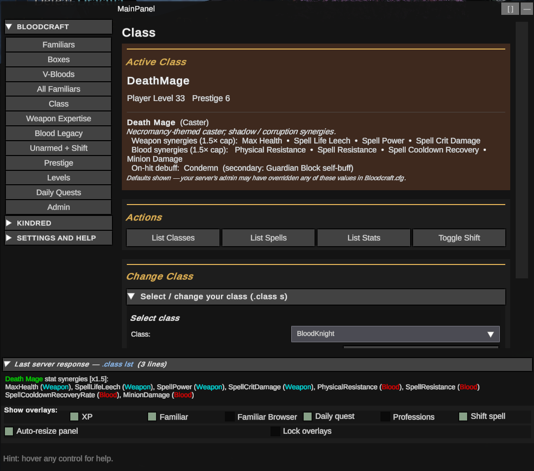 Class tab — class-synergy card (v0.13.0)