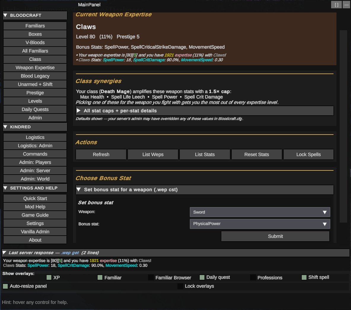 Weapon Expertise tab — synergies + bonus-stat picker (v0.13.0)