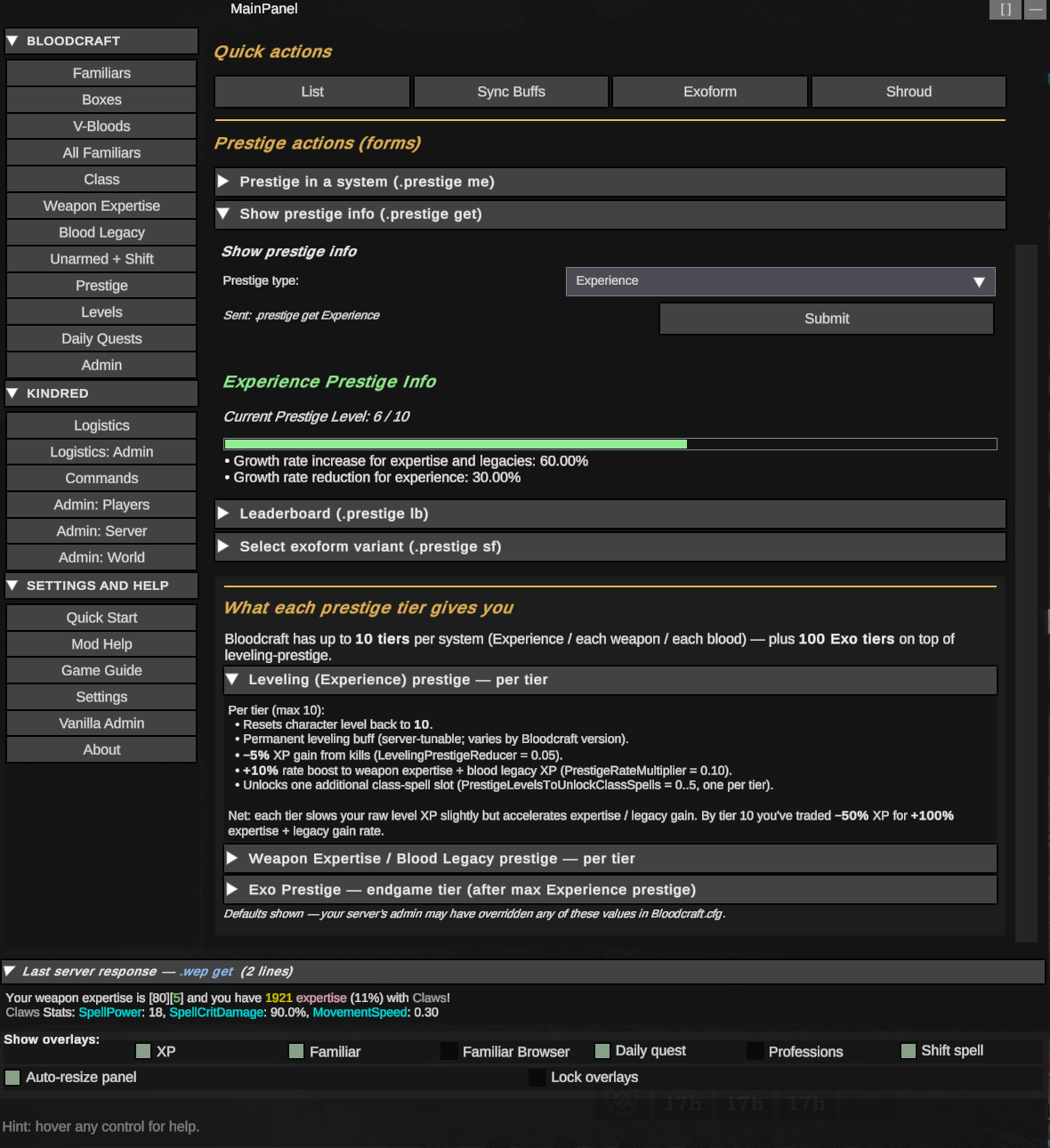 Prestige tab — progression reference (v0.13.0)