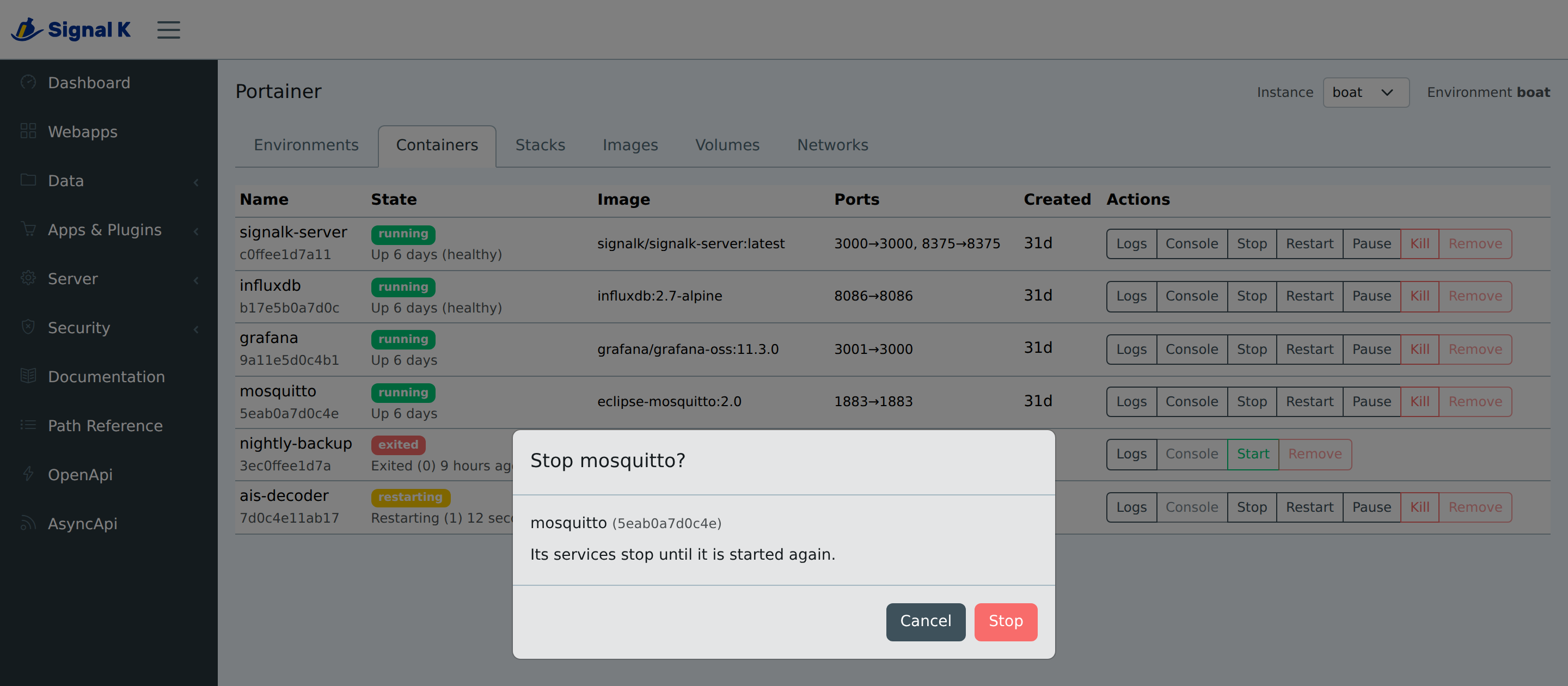 The confirmation dialog over the Containers table, headed "Stop mosquitto?", naming the container and its short id and saying "Its services stop until it is started again"