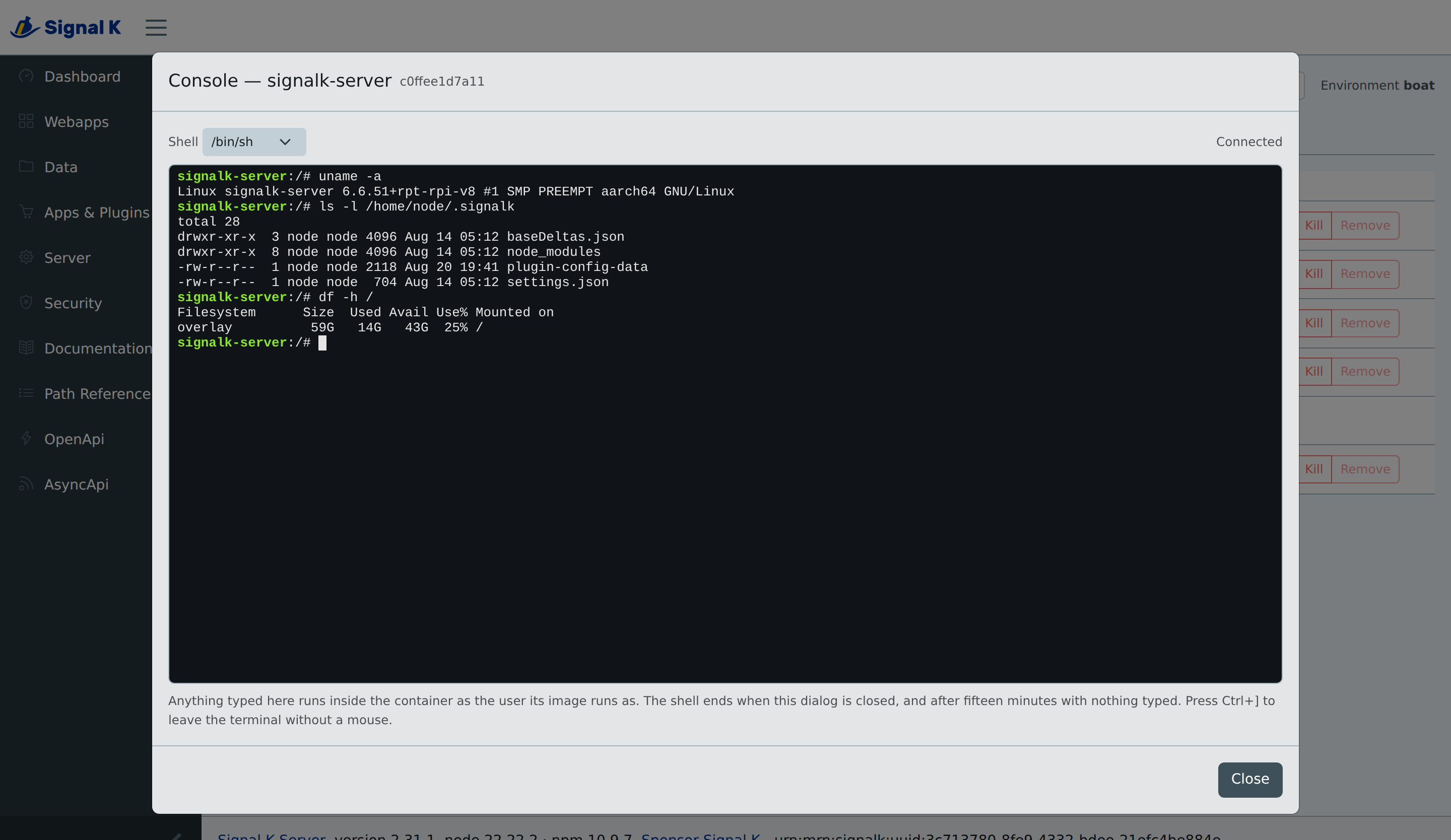 The console dialog: a shell selector reading /bin/sh, "Connected" in the corner, and a terminal holding the output of uname, ls and df run inside the container