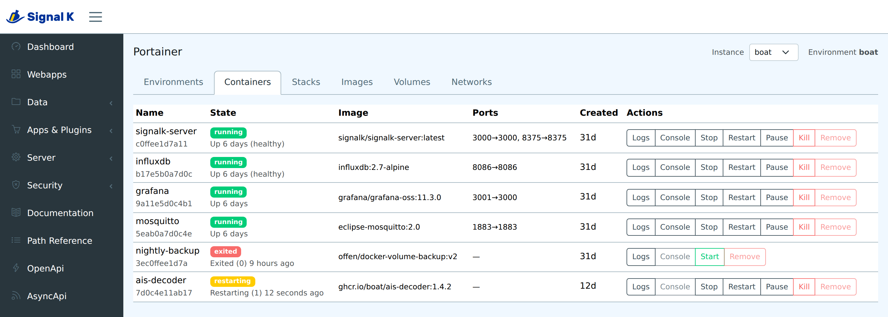The Containers tab of the Portainer panel, embedded in the Signal K admin UI: six containers with their state, image, published ports and per-row actions, with instance and environment named in the header