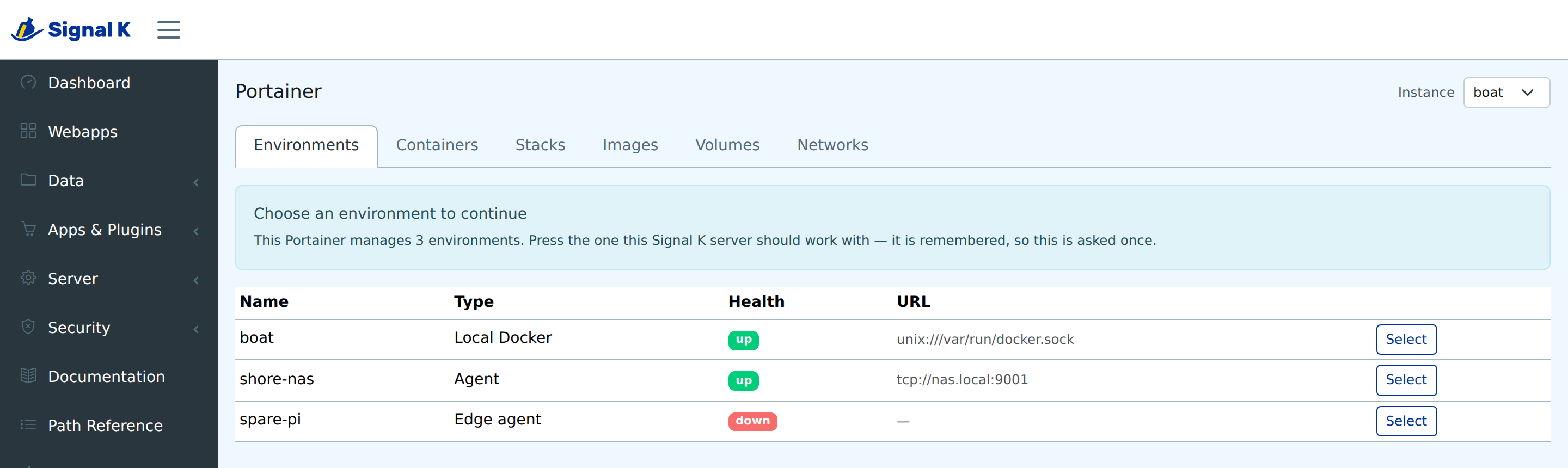 The panel on a Portainer whose environment has not been chosen: a notice reading "Choose an environment to continue — This Portainer manages 3 environments. Press the one this Signal K server should work with", above the three rows, each with a Select button