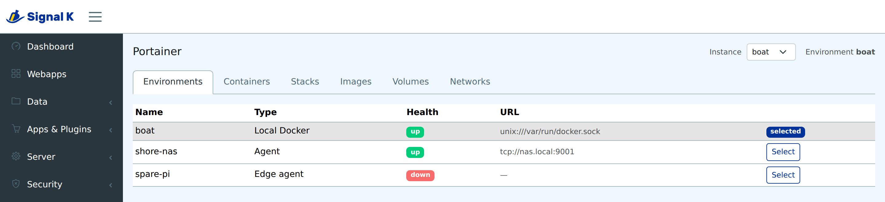 The Environments tab: a local Docker host marked "selected", an agent environment and an edge agent that is down, each with a Select button on the rows not in use