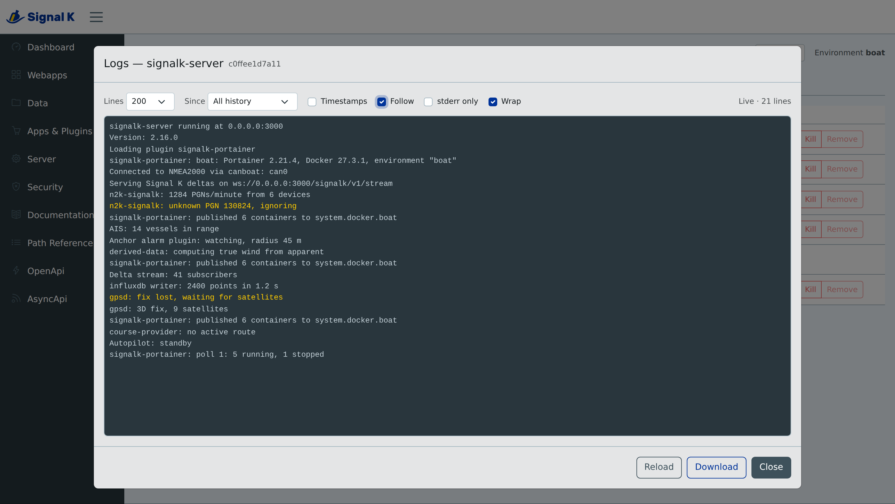 The log viewer, following a running container: line and history selectors, Timestamps, Follow, stderr-only and Wrap toggles, "Live · 21 lines" in the corner, and stderr lines coloured apart from the rest