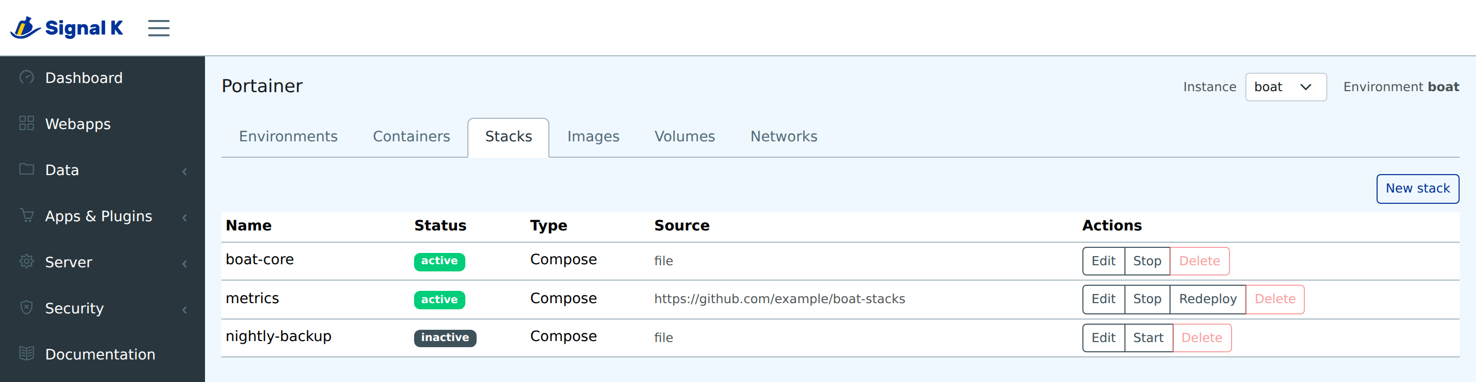 The Stacks tab: three stacks with their status, type and source — one of them from a git repository, which is the one offering Redeploy