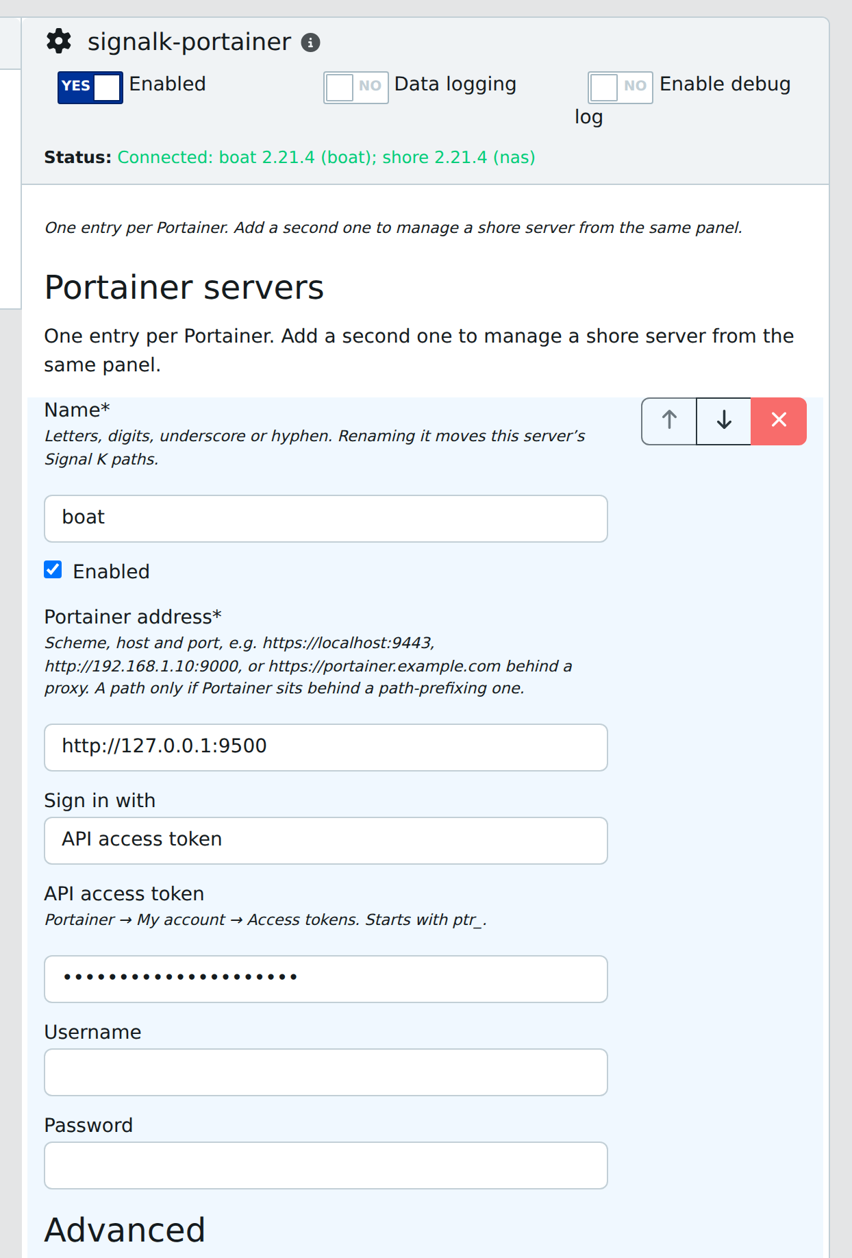 The plugin's configuration page: the status line reading "Connected: boat 2.21.4 (boat); shore 2.21.4 (nas)", then name, address, sign-in method and access token for the first server, with the Advanced block below them