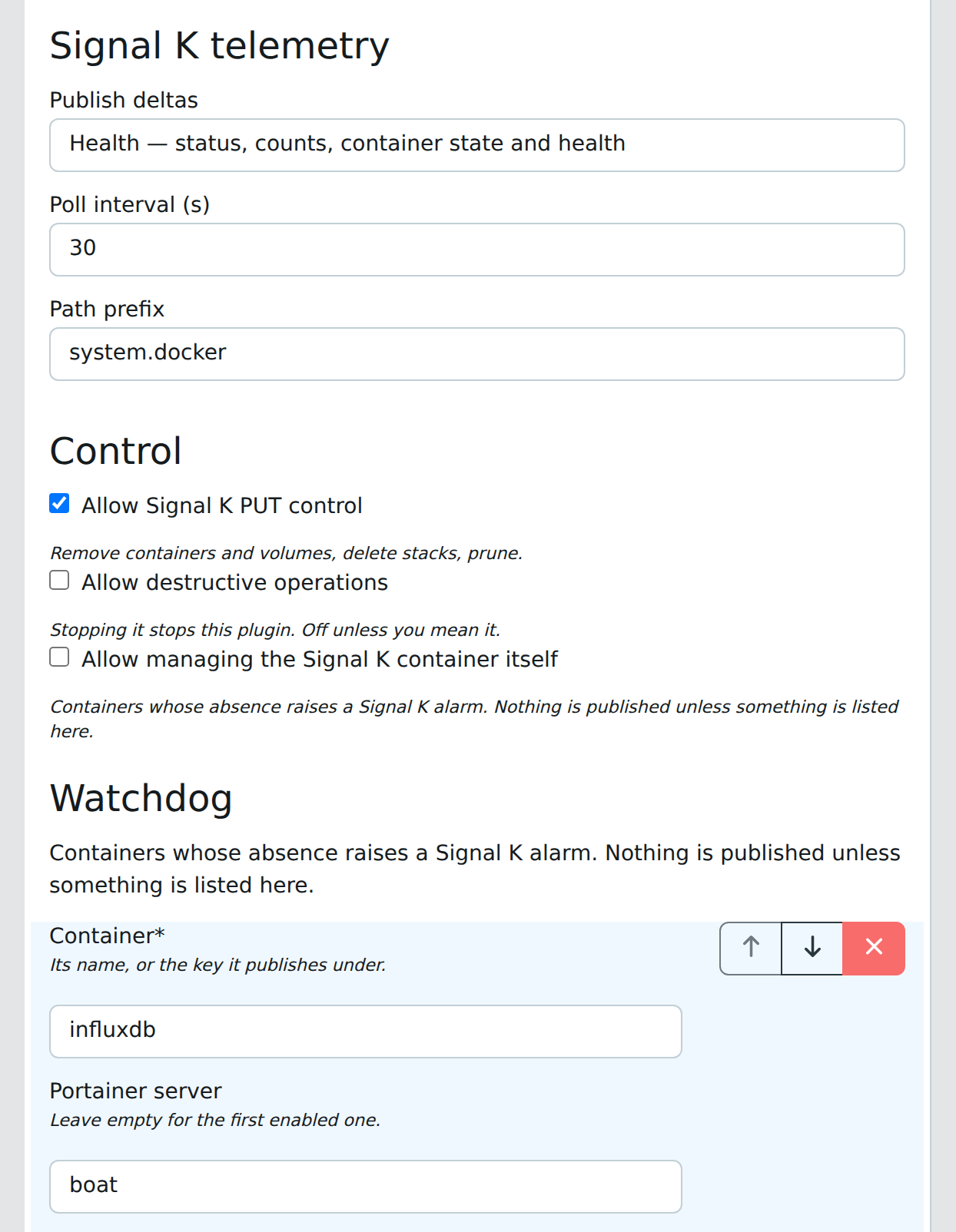 The rest of the configuration form: publish level, poll interval and path prefix under "Signal K telemetry", the three switches under "Control", and a watchdog entry naming a container and the server it belongs to