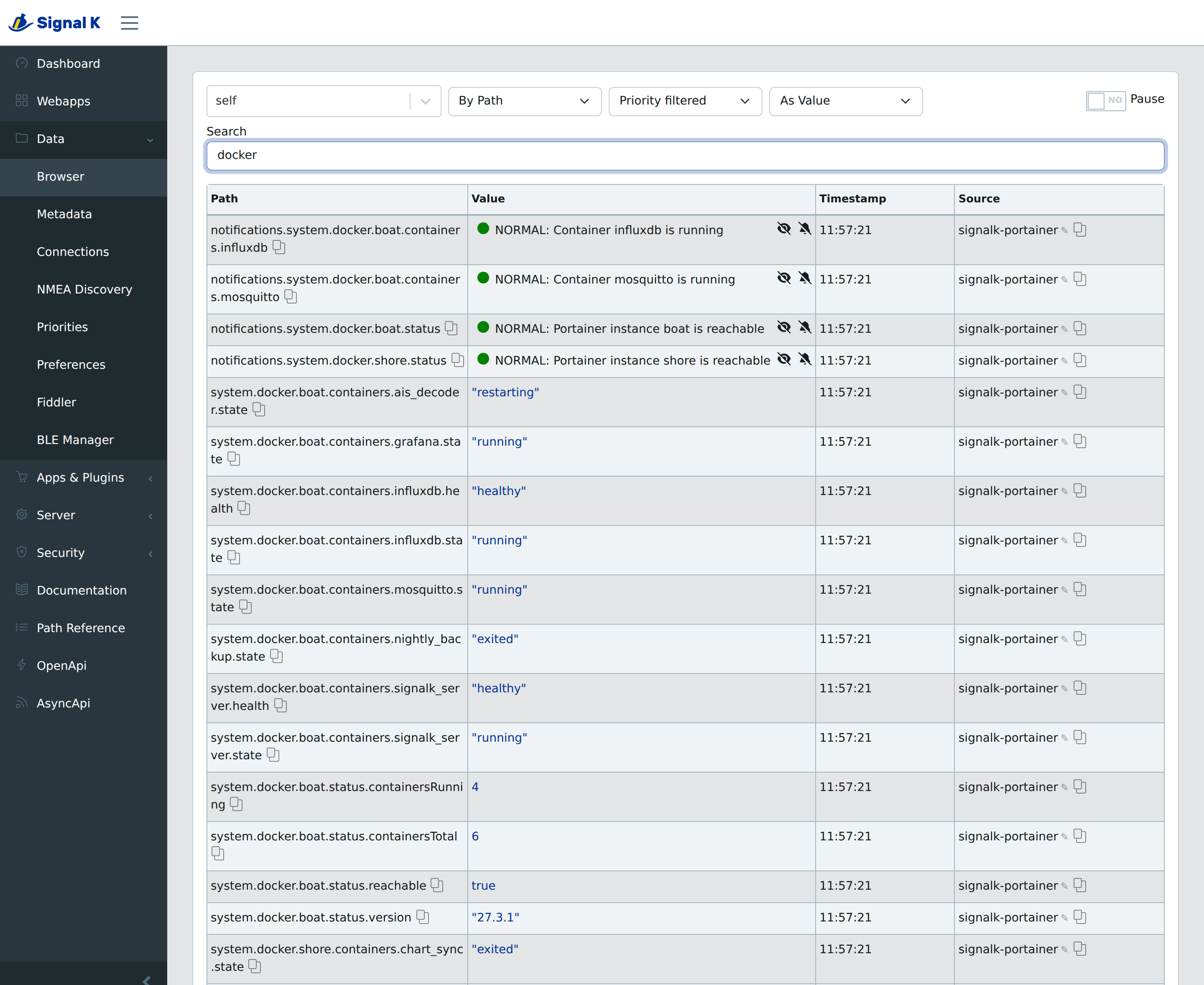 Signal K's own data browser, filtered to "docker": watchdog notifications reading NORMAL, then each container's state and health under system.docker.boat.containers, all sourced from signalk-portainer