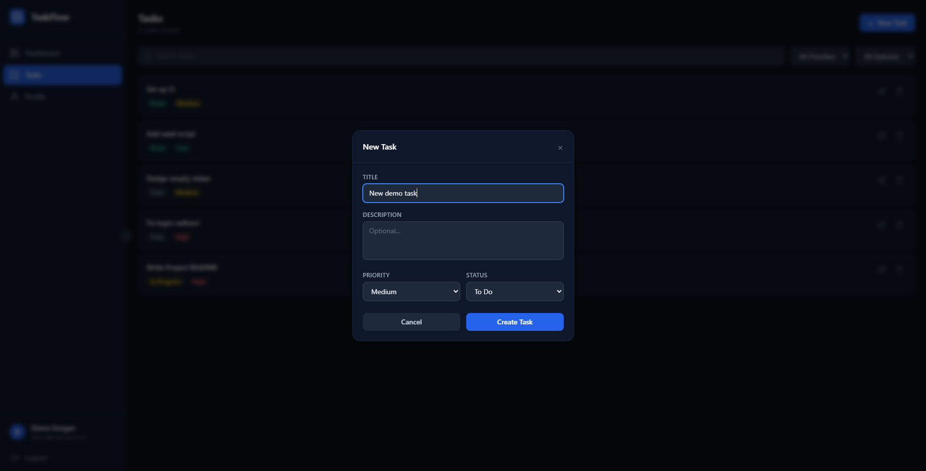 New task dialog