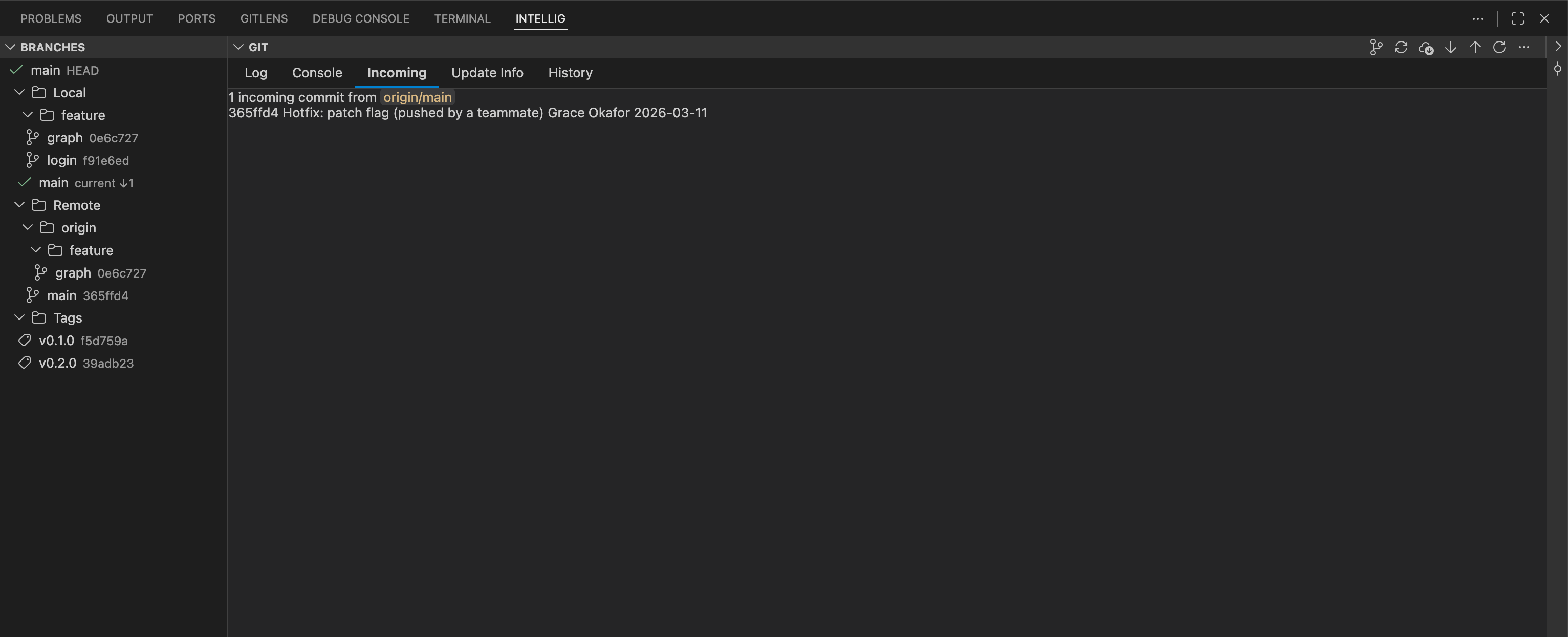 Incoming commits tab