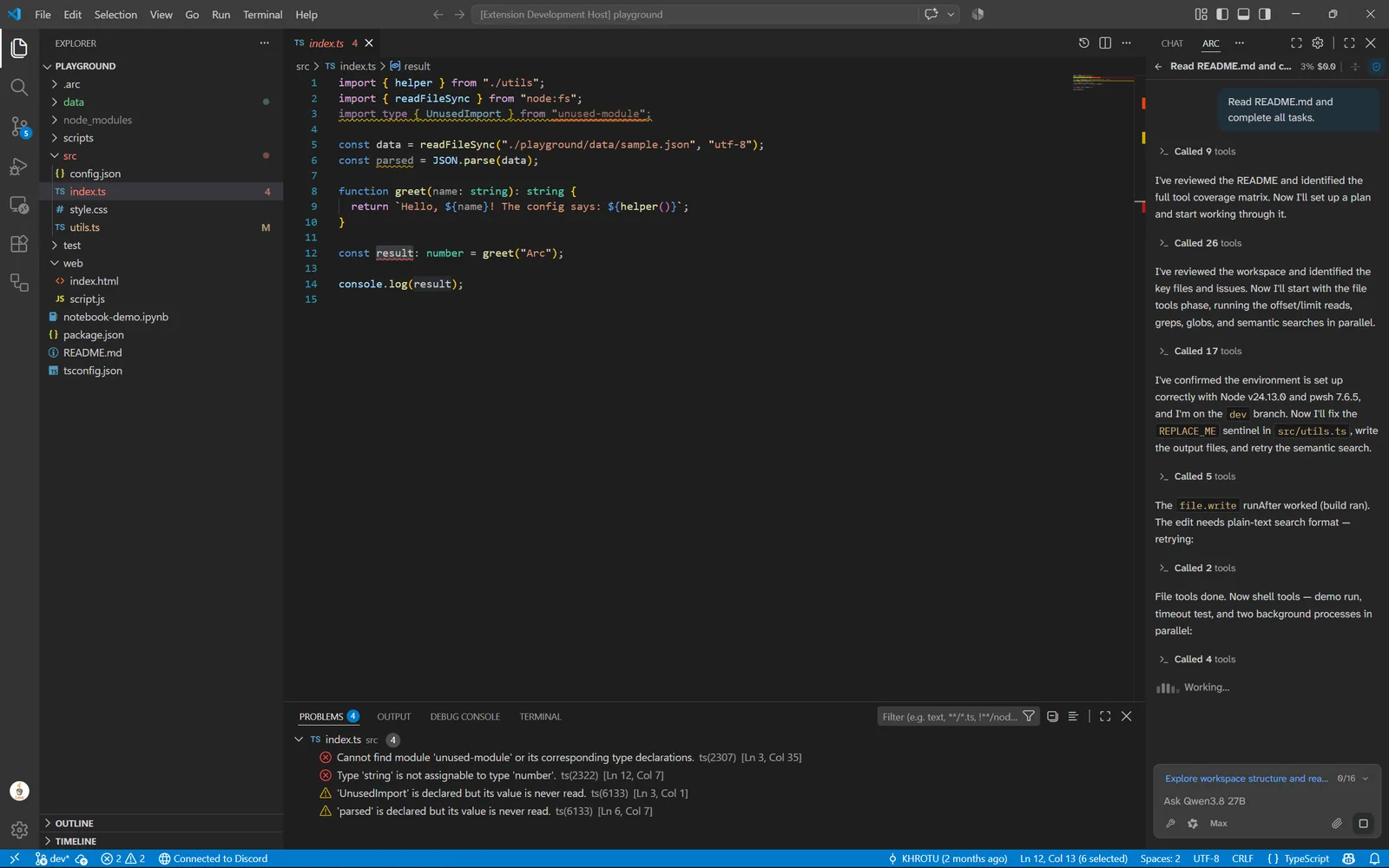 Arc agent running a task in the Agent Playground