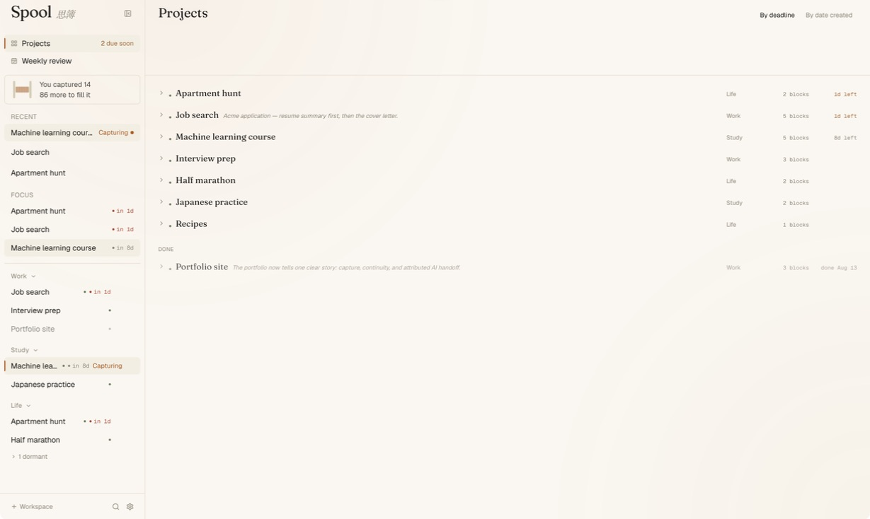The current Projects screen: seven active projects with workspace, block count and deadline, followed by one completed project with its conclusion