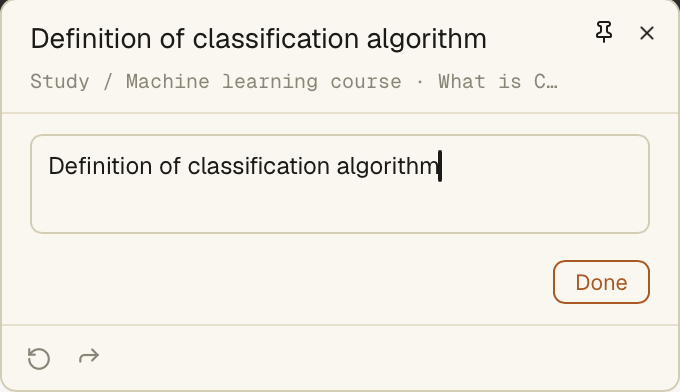 The current Spool capture confirmation: Definition of classification algorithm filed to Study / Machine learning course, with its source, an active note field, Done, undo and redo