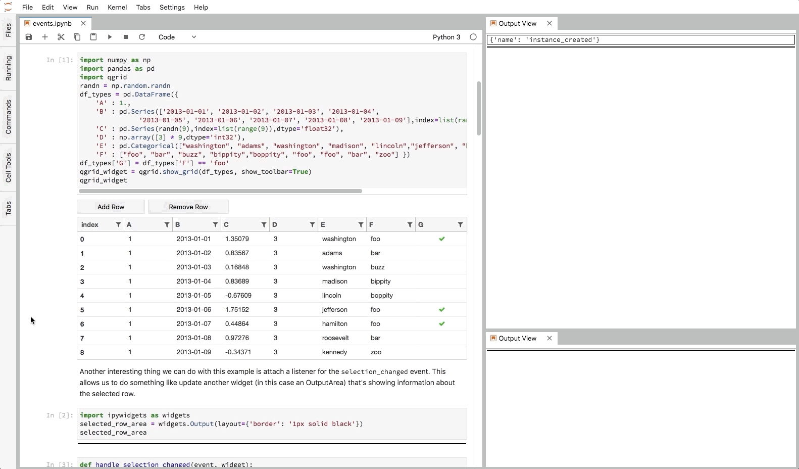 A brief demo showing qgrid's events api