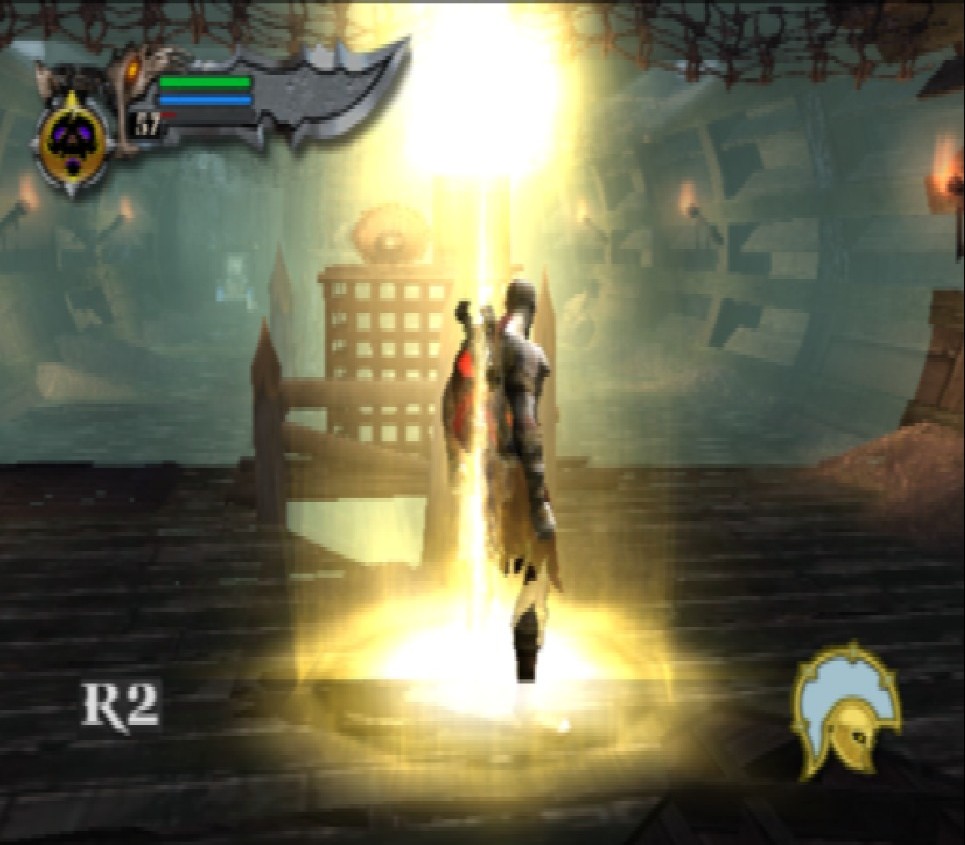 Captura oficial do gameplay experimental da recompilação de God of War para PC, com Kratos e interface