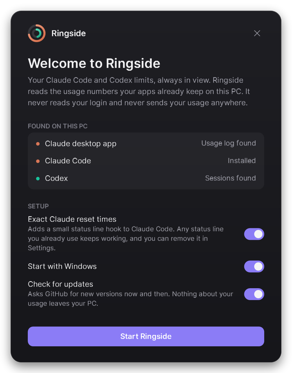 The welcome card listing the Claude desktop app, Claude Code and Codex, with three setup switches
