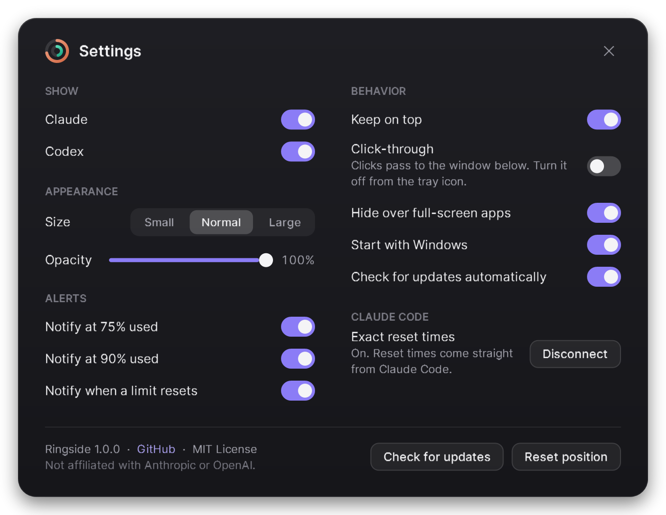The Settings window