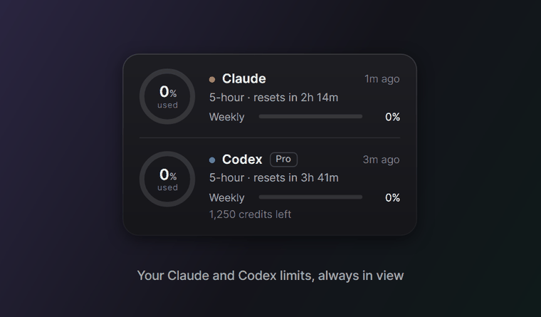 Ringside: the rings fill up, flip to show what's left, switch between the card, pill and orb views, change colors, split apart and join again, then show live Claude limits from the terminal, the Claude app and VS Code